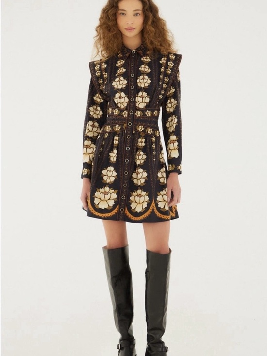 FARM Rio Dresses & Skirts - FARM RIO XXS Embroidered Black Dress with Cream & Gold Floral Motif